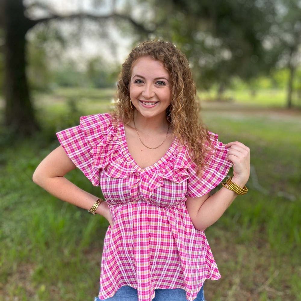 Pink Plaid Ruffle Sleeve Women's Top